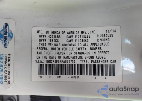 2015 Honda Accord Sport z USA, uszkodzony, nr VIN 1HGCR2F5XFA071700